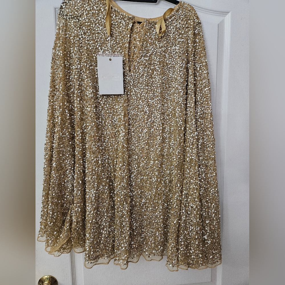 Mac Duggal 5931 Sequined Cape Sleeve Mini Dress in Gold SZ 8 NEW - Picture 7 of 12